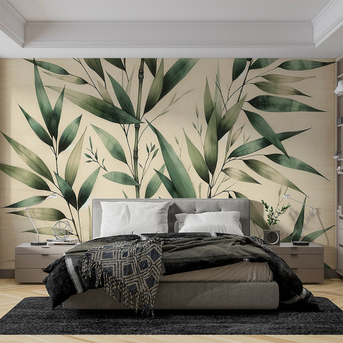 Bamboo Mural Wallpaper | Vintage-style Bamboo Leaves with Aged Background