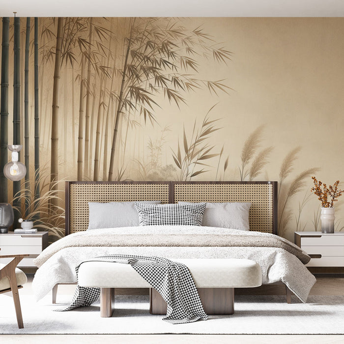 Papel pintado de bambú | Bosque de bambú vintage en tonos beige con hierba alta