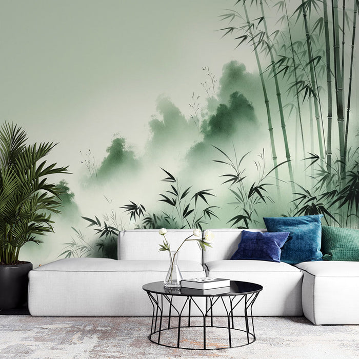 Bamboo Mural Wallpaper | Green Chinese Ink and Watercolor Bamboo Forest Style