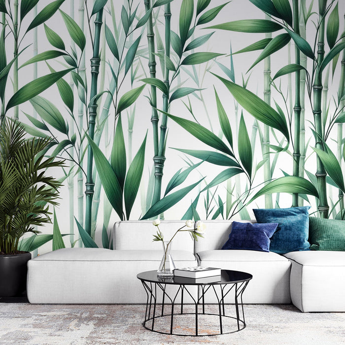 Bamboo Mural Wallpaper | Forest of Green Bamboo Stems with Large Leaves