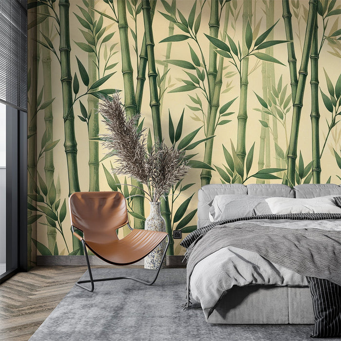 Bamboo Mural Wallpaper | Vintage Illustration with Green Bamboo Stems
