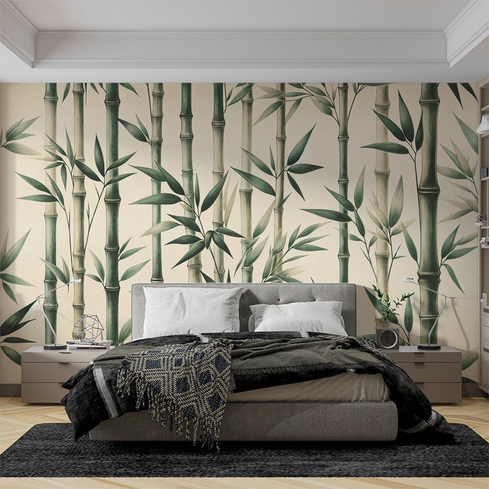 Bamboo Mural Wallpaper | Vintage Illustration of Green and Neutral Bamboo Stems