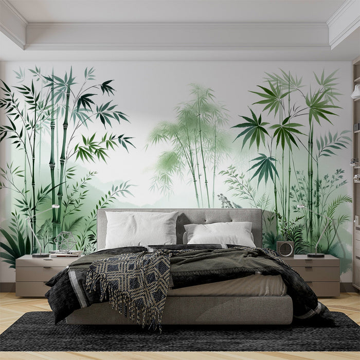 Papel pintado de bambú | Paisaje de acuarela en tonos verdes