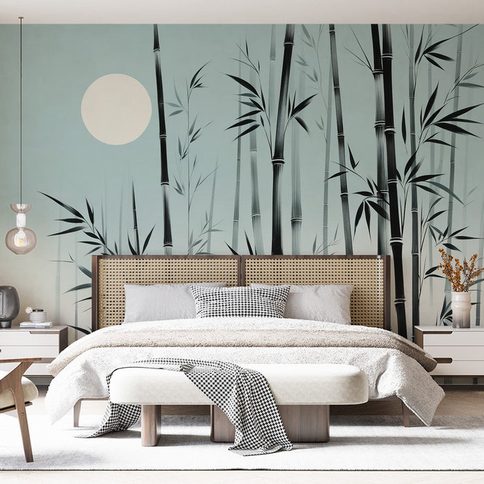 Bamboo Mural Wallpaper | Black Bamboo Stems on a Bluish Background with Full Moon