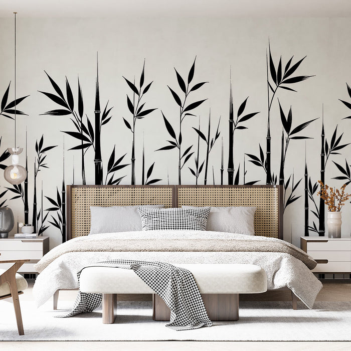 Bamboo Mural Wallpaper | Black Bamboo Stems on White Background