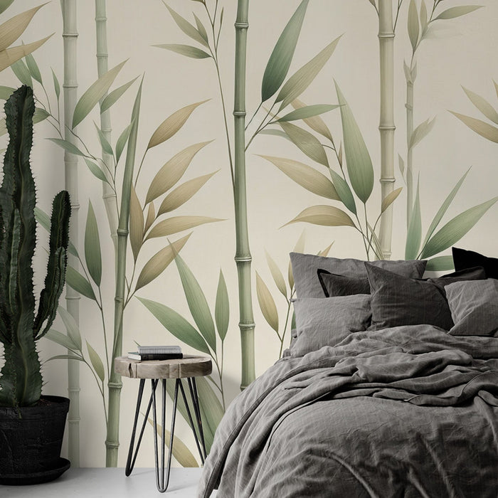 Bamboo Mural Wallpaper | Vintage-style Green and Beige Bamboo Stems
