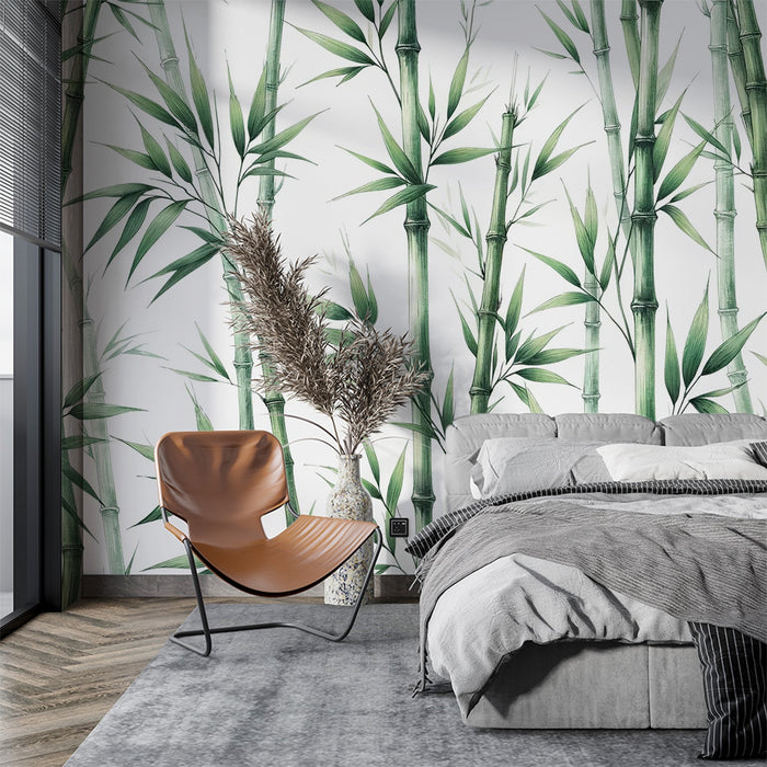 Papel de parede com painel de bambu | Hastes de bambu verde artístico em fundo branco