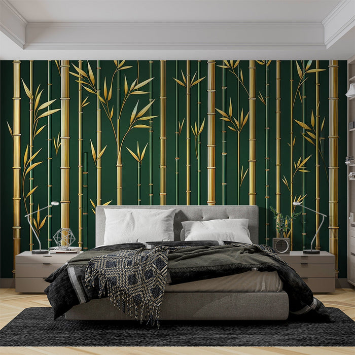 Bamboo Mural Wallpaper | Green and Gold Bamboo Stems