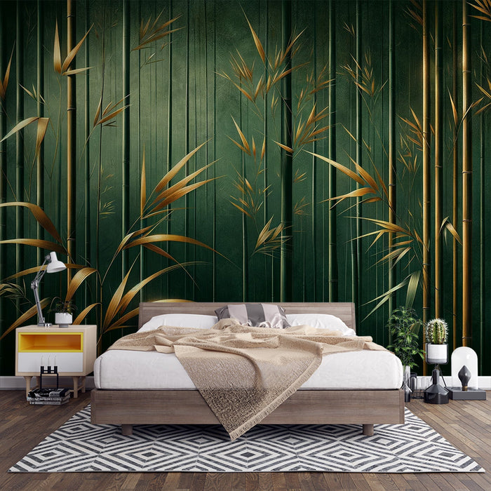 Bambus-Fototapete | Grüne Stängel und goldene Blätter