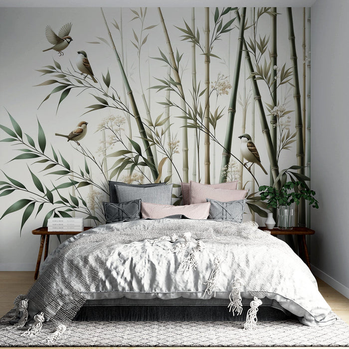 Bambus-Tapete | Neutrale Töne mit Vögeln auf weißem Hintergrund