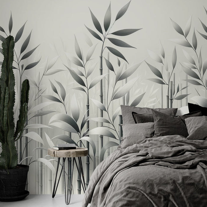 Black and White Bamboo Mural Wallpaper | Illustration of Bamboo Stems with Foliage
