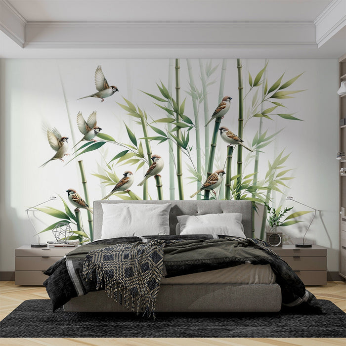 Green Bamboo Mural Wallpaper | Realistic Birds and Bamboo Leaves