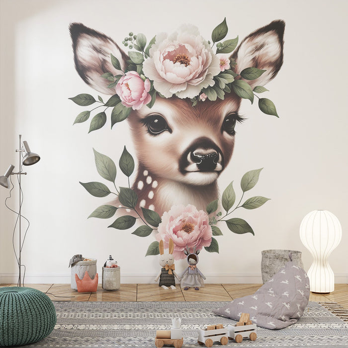 Deer Mural Wallpaper | Flower Crown on Deer Head