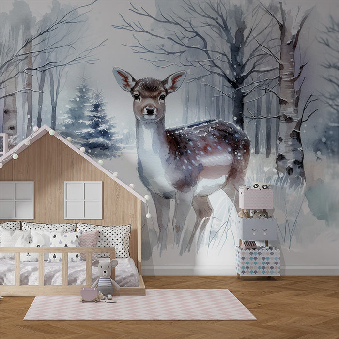 Papel de parede de cervo | Floresta nevada com cervo em aquarela