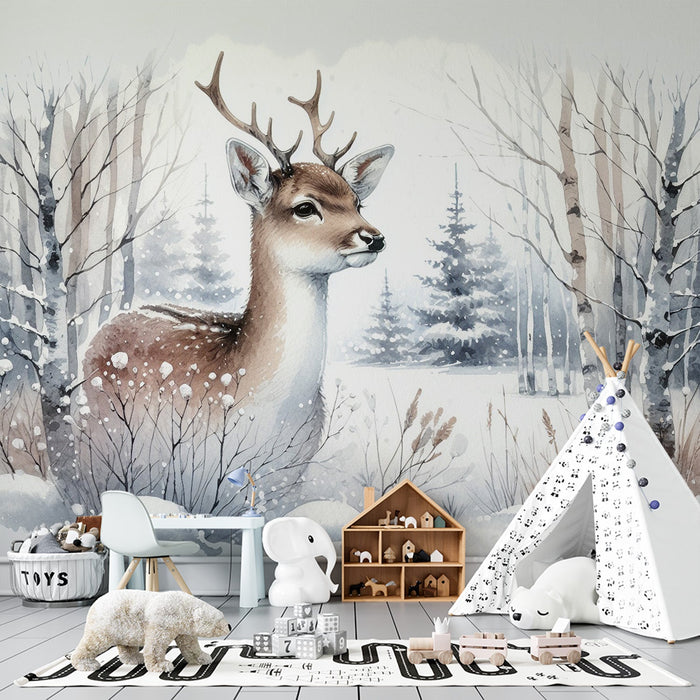 Papel de parede com mural de veados | Floresta nevada em aquarela
