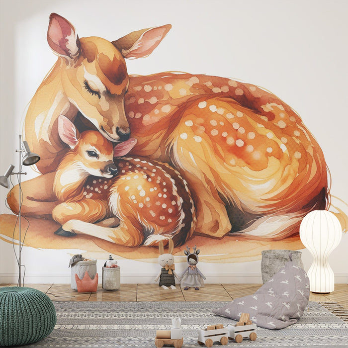 Deer Mural Wallpaper | Mother and Daughter in Watercolor
