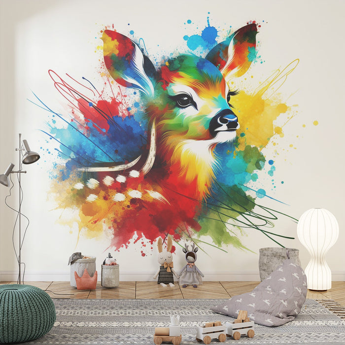 Deer Mural Wallpaper | Multicolored Watercolor Deer Head