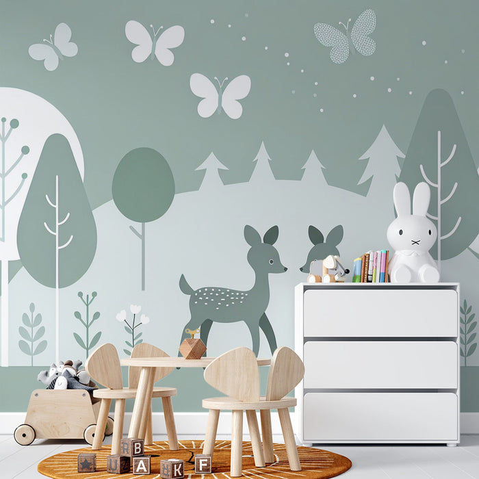 Child deer Mural Wallpaper | Duo of deer and white butterflies