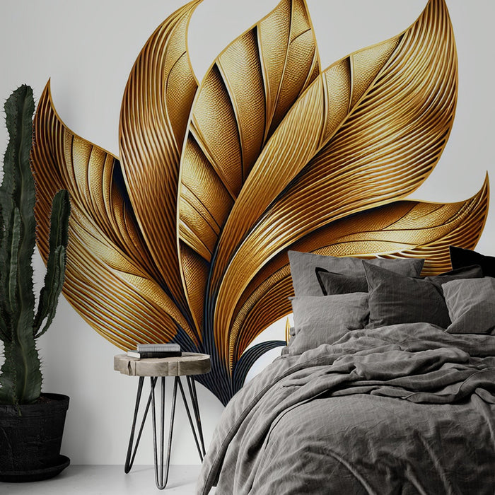White and Gold Mural Wallpaper | Bouquet of Golden Leaves