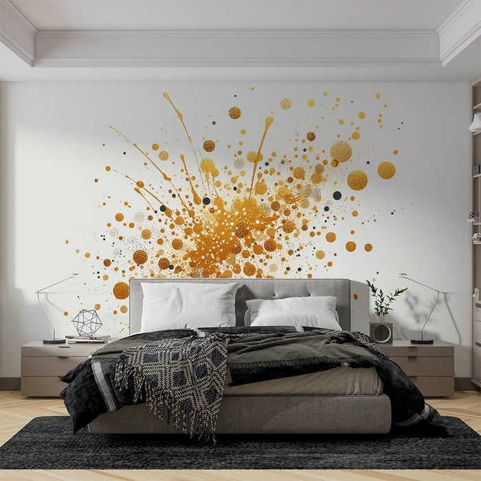 White and Gold Mural Wallpaper | Explosion with Golden and Black Dots