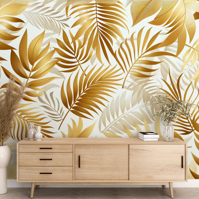 Weiße und goldene Tapete | Goldene Blätter auf weißem Hintergrund