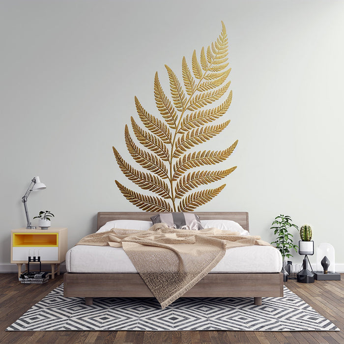 White and Gold Mural Wallpaper | Golden Fern Leaf