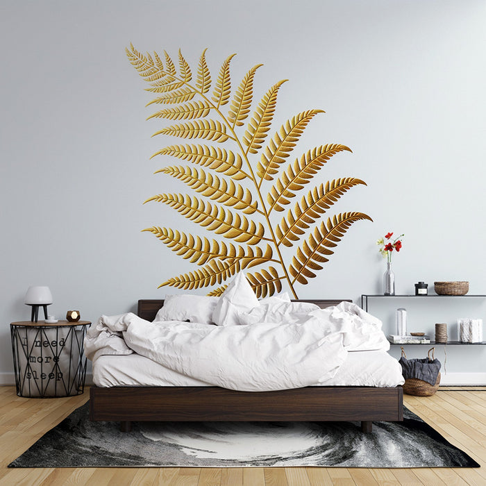 White and Gold Mural Wallpaper | Golden Fern Leaves on Light Background