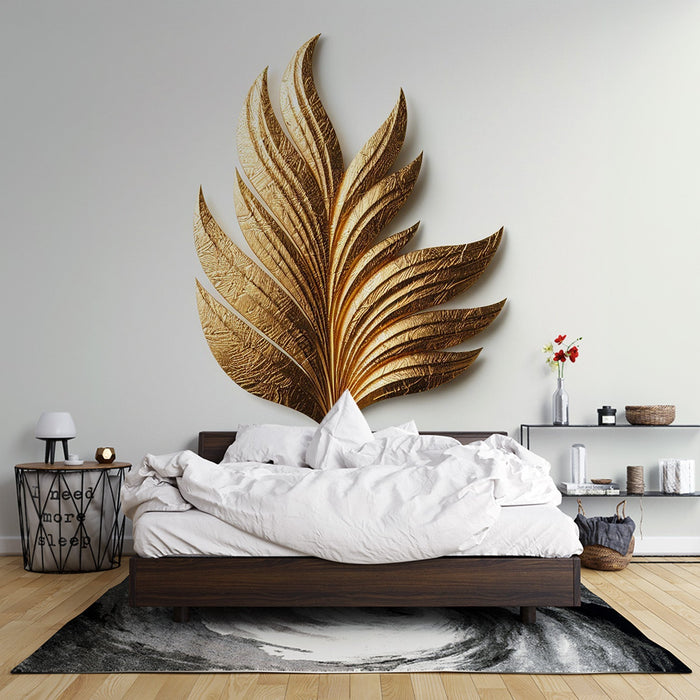 White and Gold Mural Wallpaper | Golden Leaves with Shading