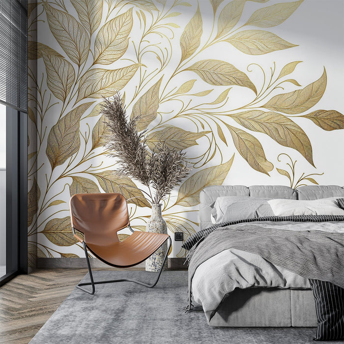 White and Gold Mural Wallpaper | Golden Leaves on a White Background
