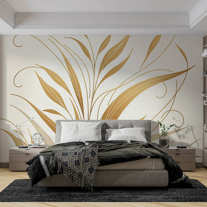 Papel de parede mural branco e dourado | Folhas douradas finas em fundo creme