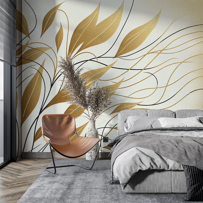 White and Gold Mural Wallpaper | Thin Leaves and Black Stems