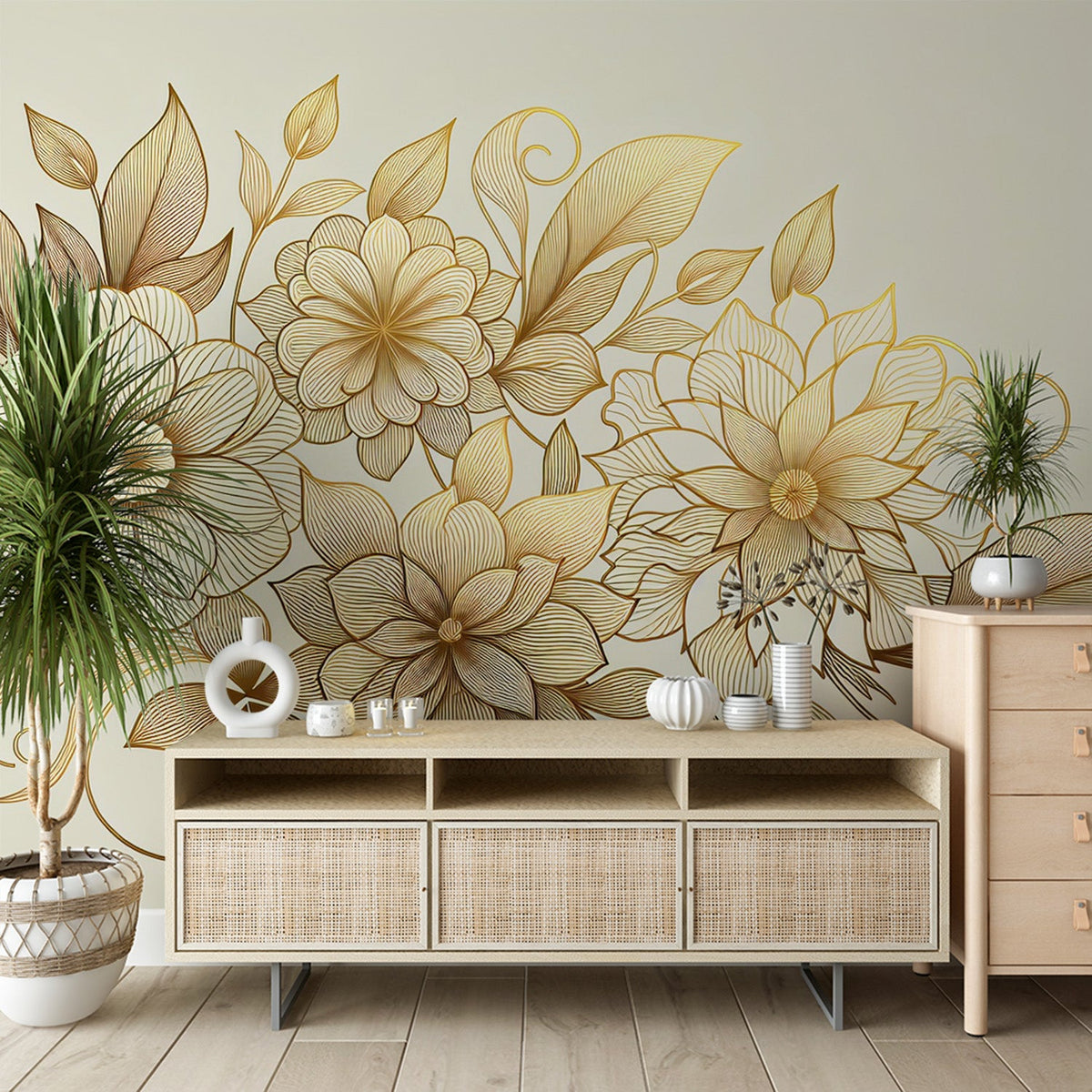 White and Gold Mural Wallpaper | Golden Flowers on Light Background ...