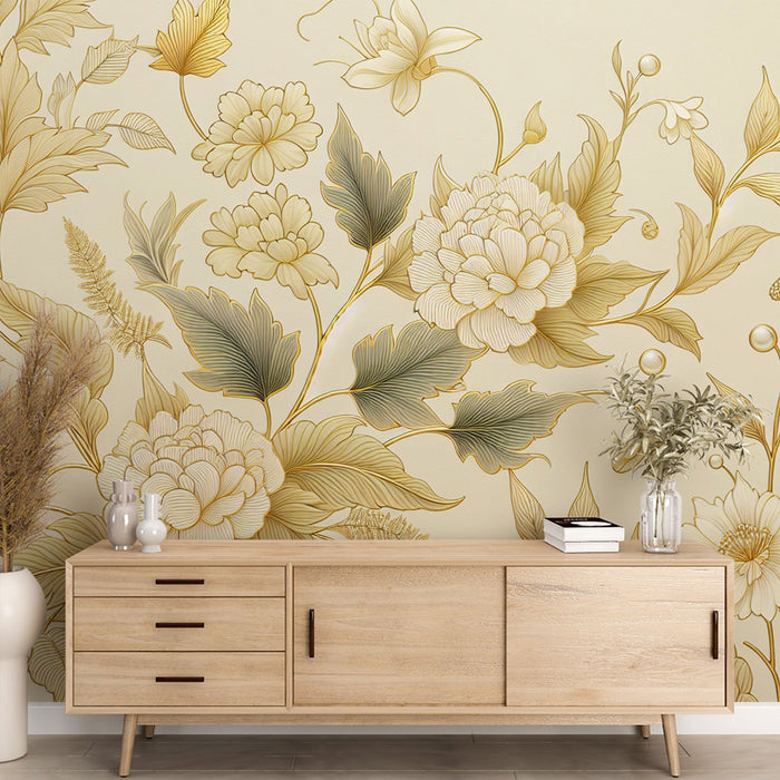 Papel pintado blanco y dorado | Flores y hojas doradas vintage