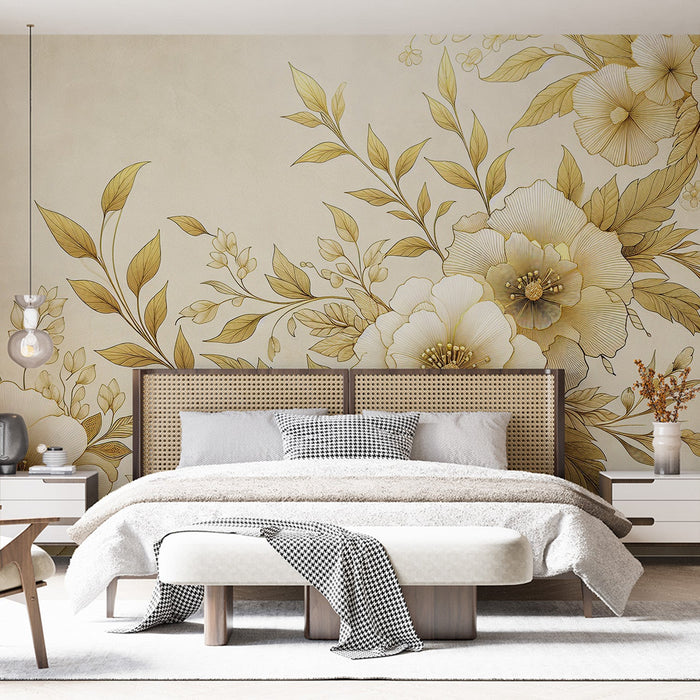 White and Gold Mural Wallpaper | Large Golden Flowers and Foliage