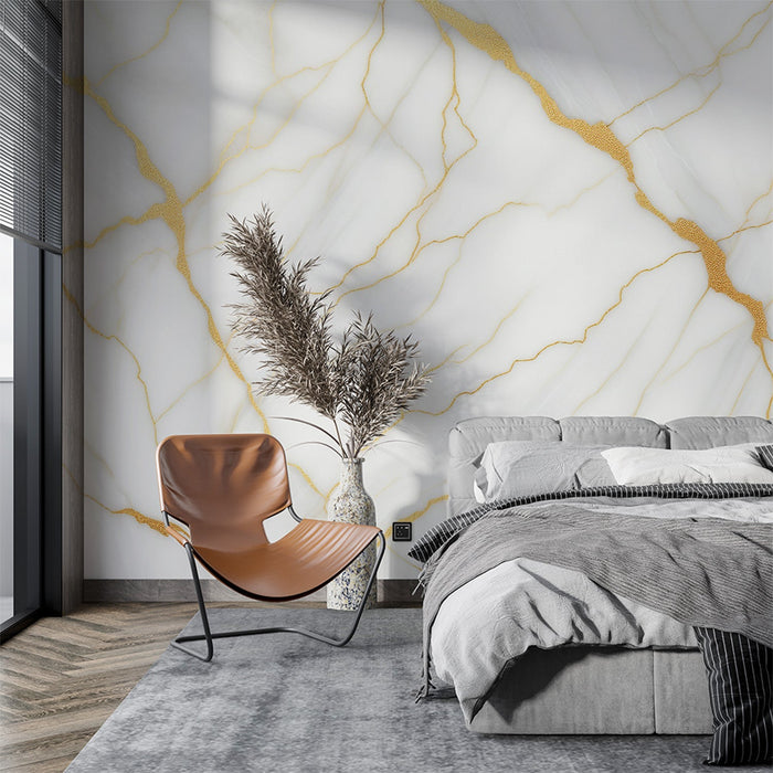 White and Gold Mural Wallpaper | Light Marble with Golden Veins
