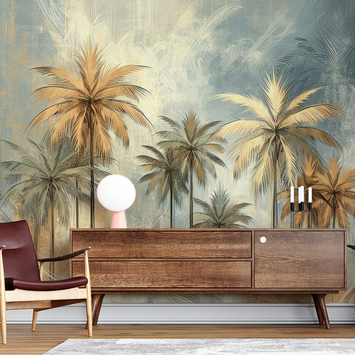 White and Gold Mural Wallpaper | Golden Palms on Vintage Aged Background