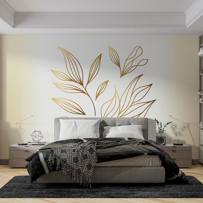 Papel pintado blanco y dorado | Silueta de hojas doradas