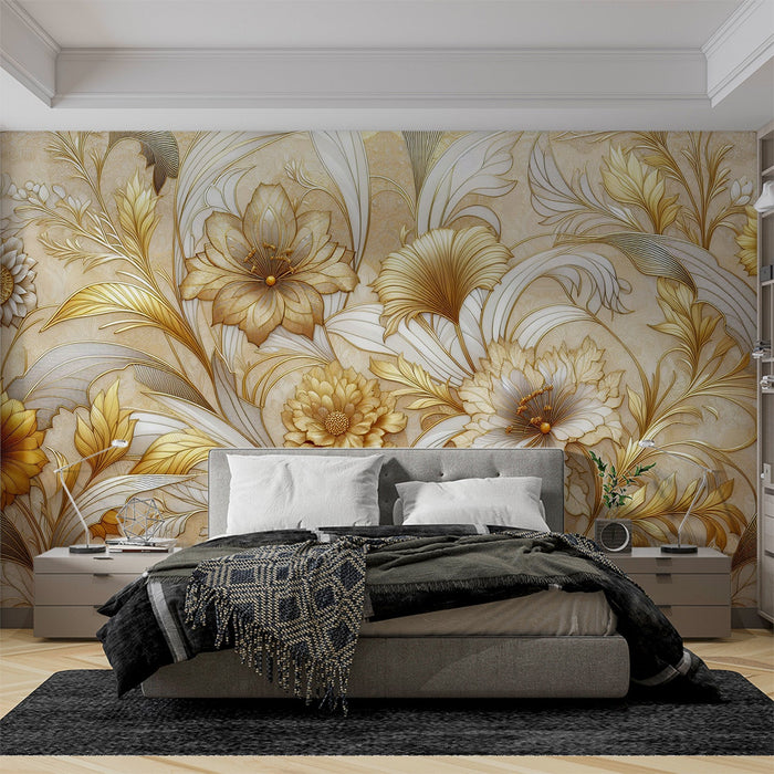 White and Gold Mural Wallpaper | Vintage Style with Large Golden Flowers