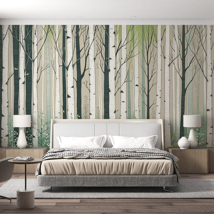 Birch Mural Wallpaper | Birch Forest Cartoon