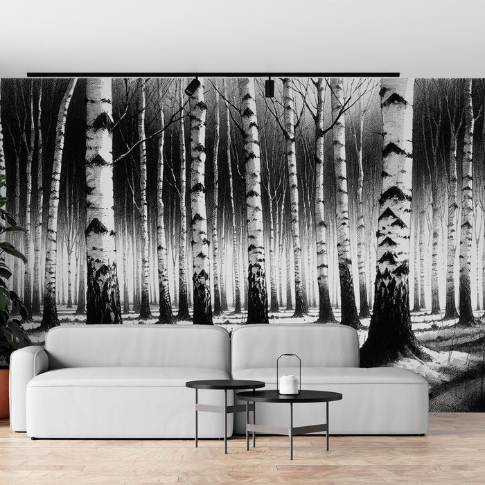 Birch Mural Wallpaper | Black and White Drawing of a Birch Forest