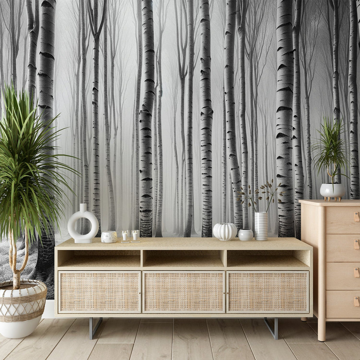 Birch Mural Wallpaper | Black and White Birch Forest — WonderMural