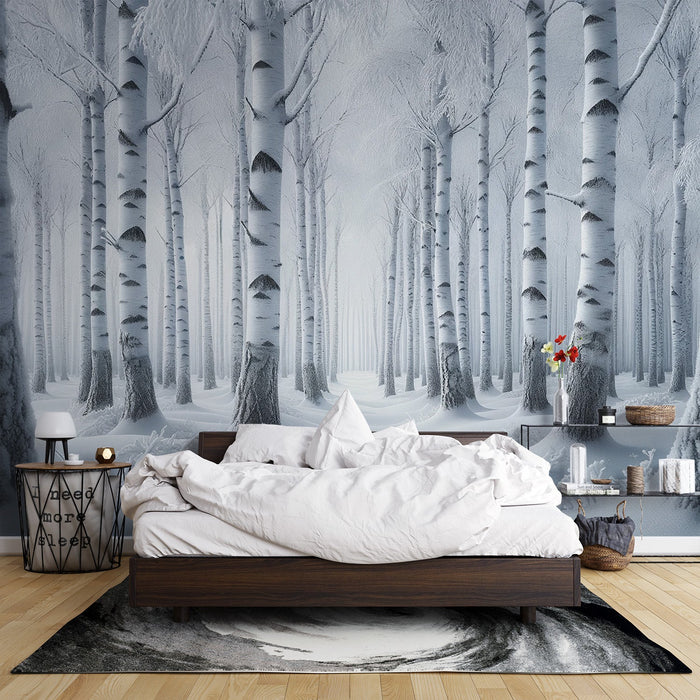 Birch Mural Wallpaper | Realistic Snowy Forest