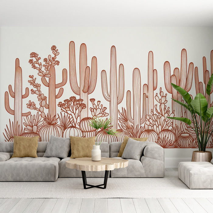 Cactus Mural Wallpaper | Terracotta Colors on a White Background