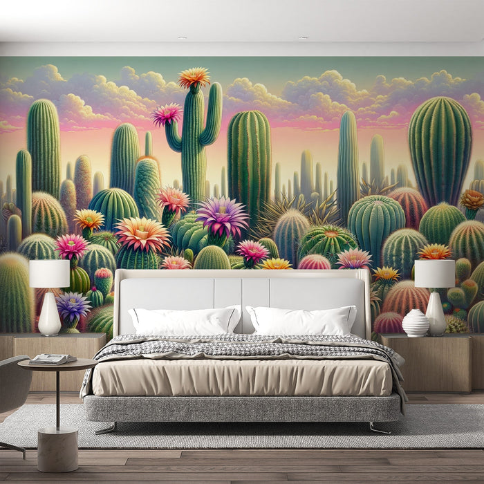 Cactus Mural Wallpaper | Flowers and Colorful Sky
