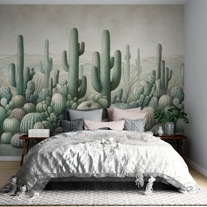 Green Cactus Mural Wallpaper | Neutral Colors and Misshapen Cacti