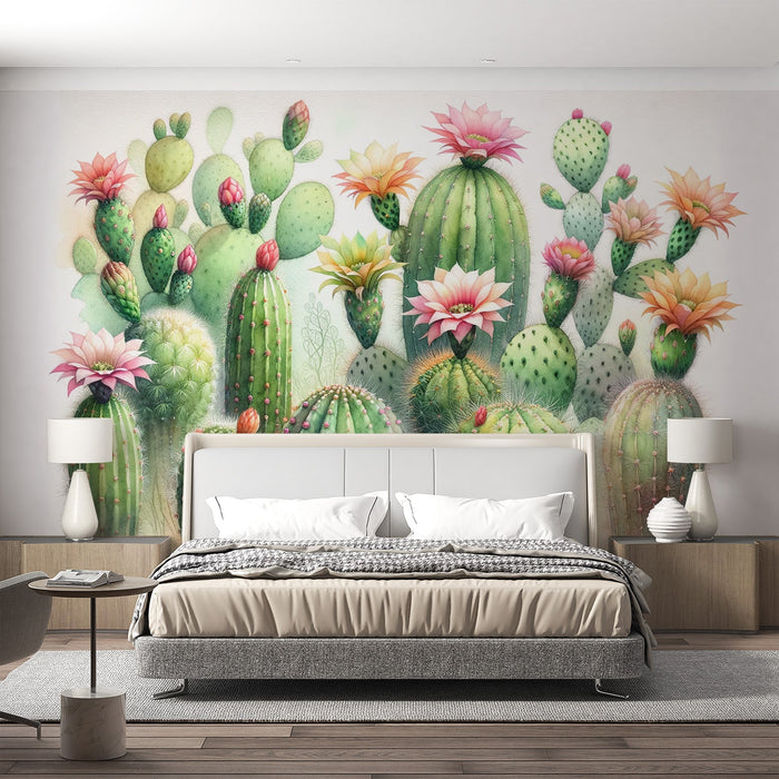 Green Cactus Mural Wallpaper | Colorful Watercolor-Style Flowers