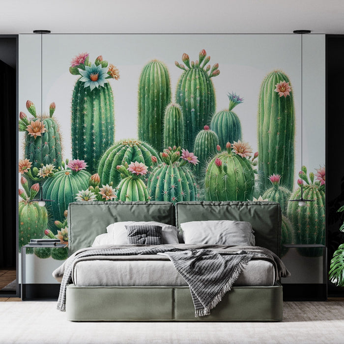 Grüner Kaktus Tapete | Bunte Blumen auf hellem Hintergrund