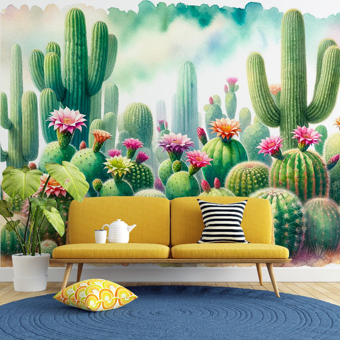 Green cactus Mural Wallpaper | Watercolor flowers