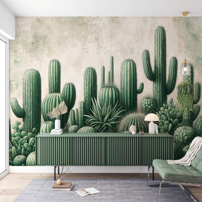 Green cactus Mural Wallpaper | Distressed and vintage background