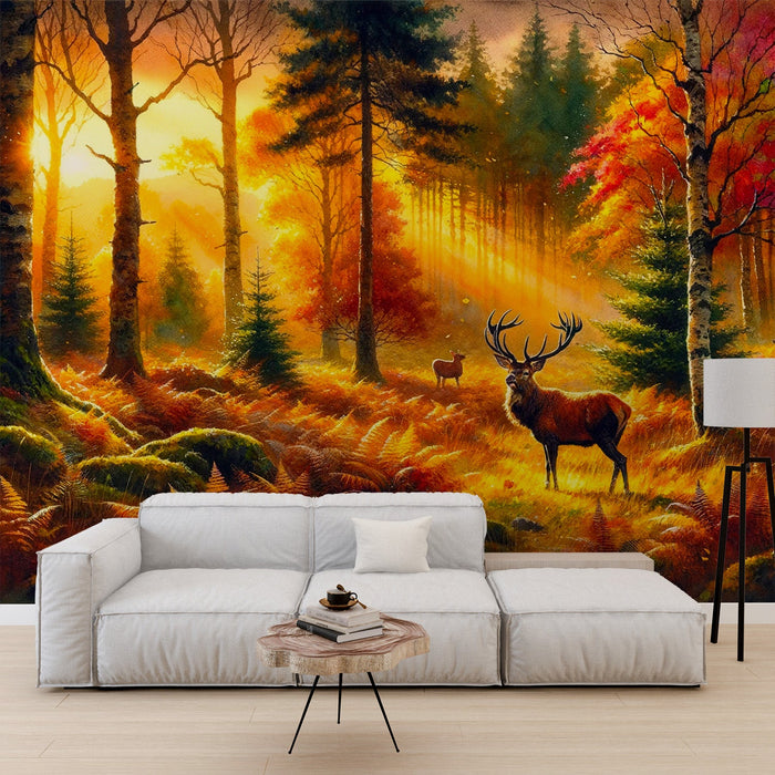 Deer Mural Wallpaper | Orange Toned Watercolor